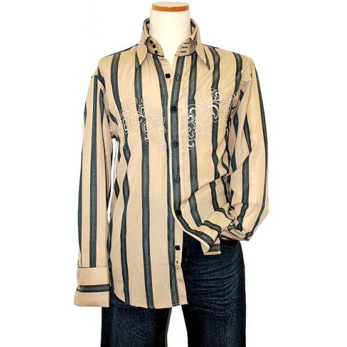 Manzini Taupe with Military Green Stripes and Embroidery Long Sleeves 100% Cotton Shirt MZ-200